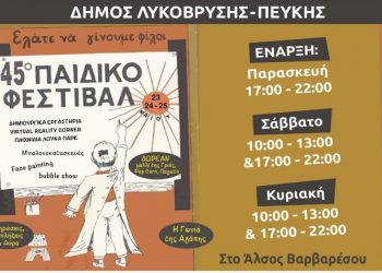 Το 45ο Παιδικό Φεστιβάλ Λυκόβρυσης – Πεύκης έρχεται στο Άλσος Βαρβαρέσου