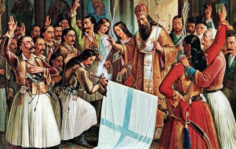 «Ο Παλαιών Πατρών Γερμανός ευλογεί τη σημαία της Επανάστασης», Θεόδωρος Βρυζάκης,1865