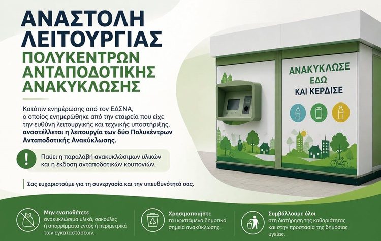 Αναστολή λειτουργίας των Πολύκεντρων Ανταποδοτικής Ανακύκλωσης